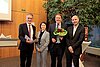 Verleihung Friedrich-Gennheimer-Preis 2024: Foto v. l. n. r.: Landtagspräsident Hendrik Hering, Preisträgerin Jessica Krauß, Prof. Dr. Gösta Jamin und Dr. Guido Harms (BASF) © Weincampus Neustadt
