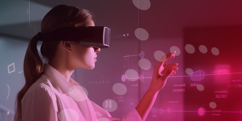 Frau arbeitet mit moderner VR-Technologie